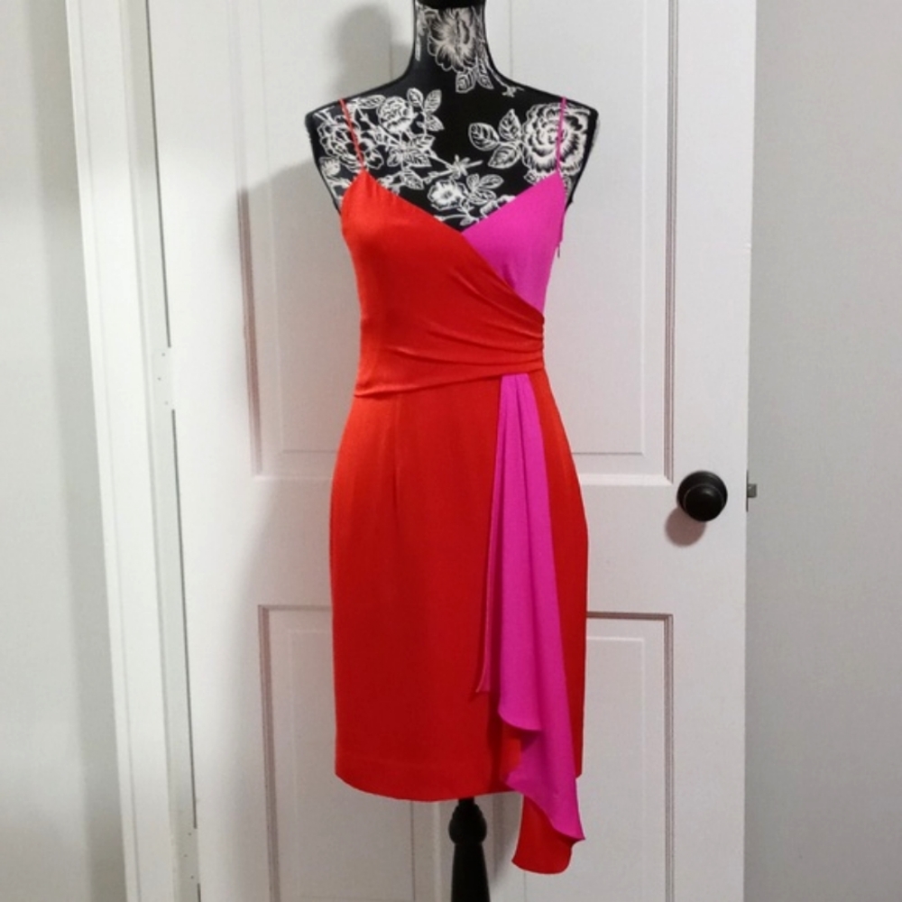 🆕️ 💋Milly💋 - Two-Tone Red/Hot Pink Cindy Silk Stretch Cocktail Dress